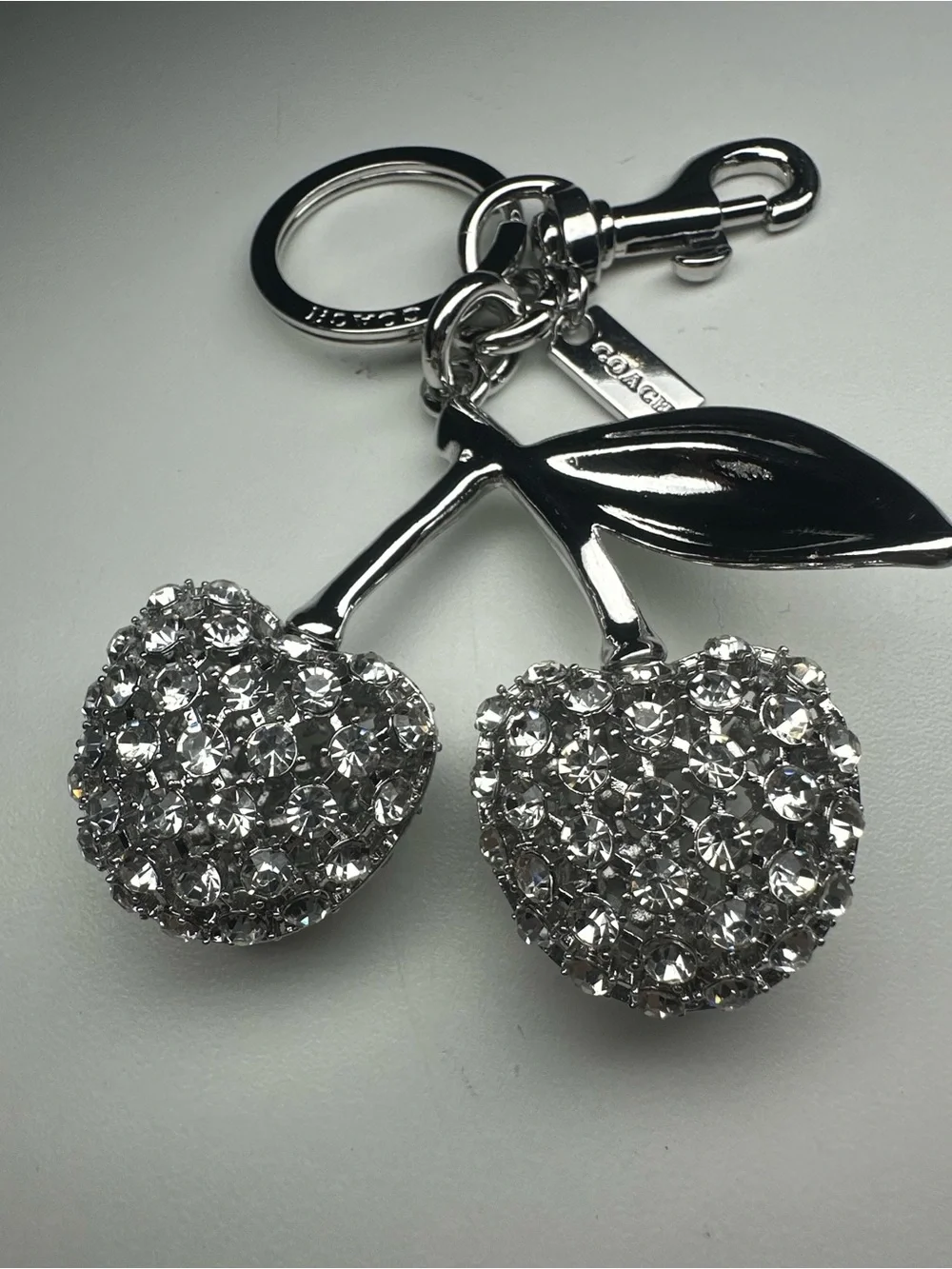 Coach Crystal Cherry Bag Charm Silver Clear Pave Keychain Key Ring Dogleash Clip